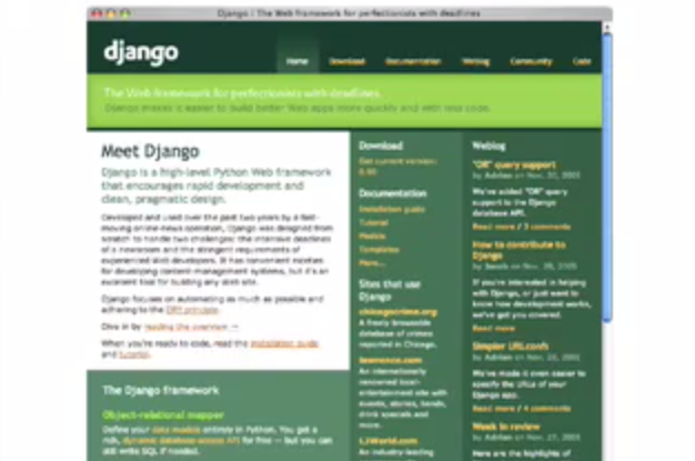 Screen capture image from Djangoproject.com as it was in 2005